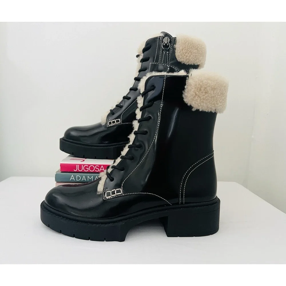COACH Black High Shine Leather Shearling Combat Booties Uniform Dress Shoes 9.5B